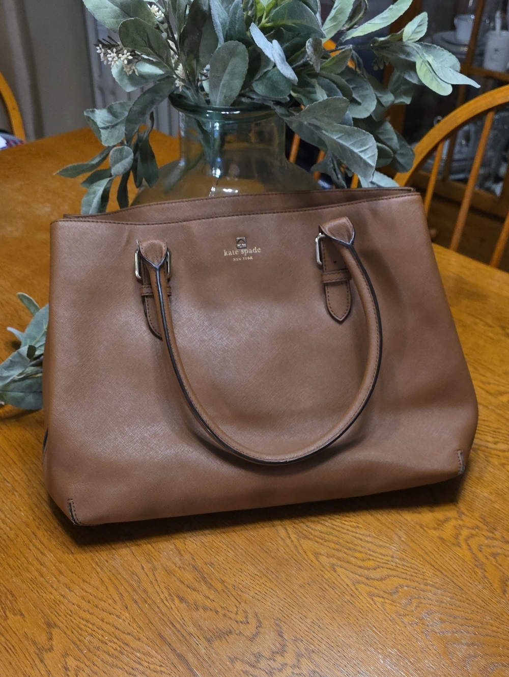 kate spade tan leather tote with double top handles